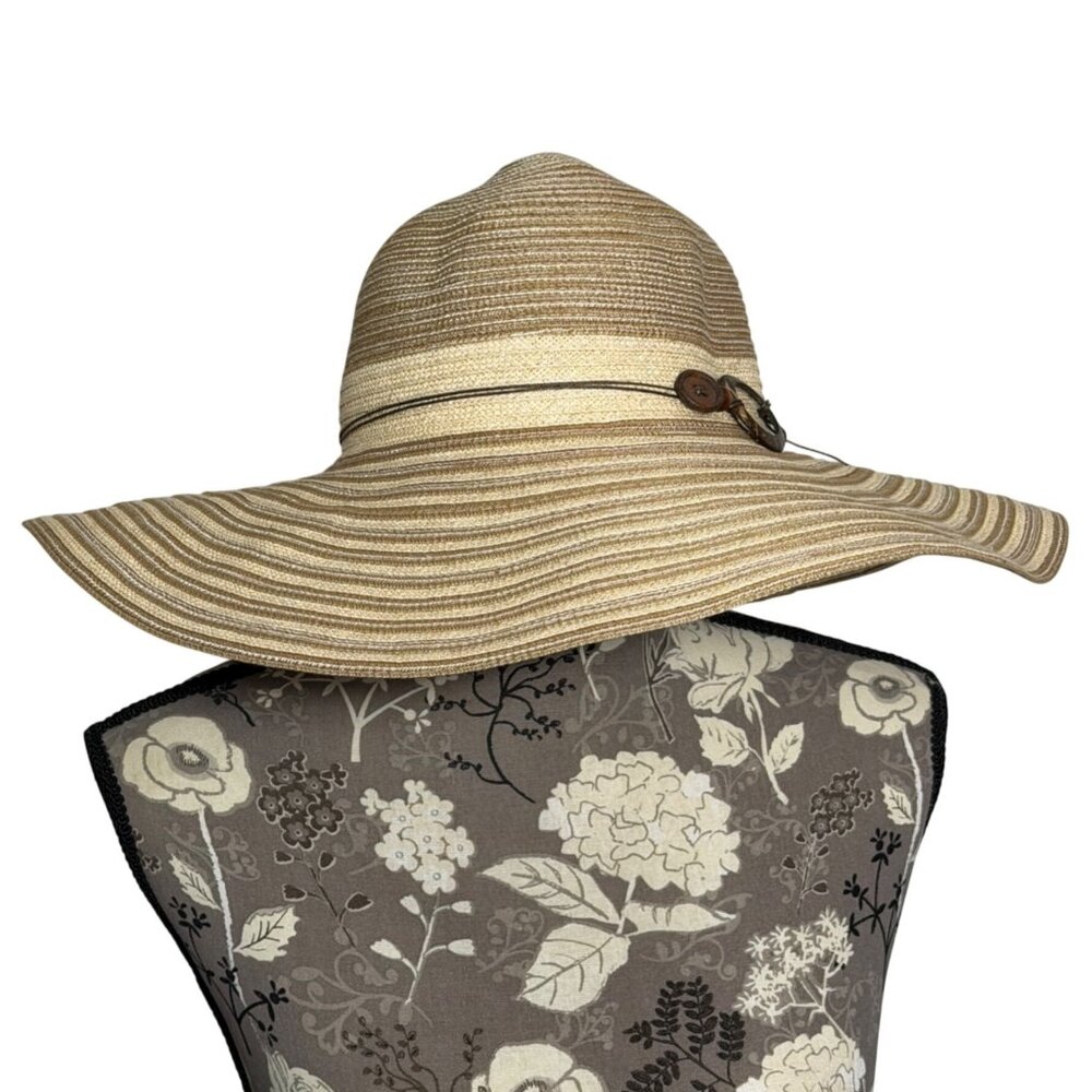 Kyi Kyi Womens Floppy Wide Brim Sun Hat Beige Striped Straw Blend Beach Hat EUC